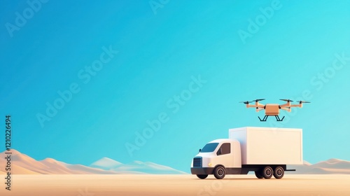 Drone and truck cargo handover system desert landscape digital illustration futuristic environment aerial view efficiency concept photo