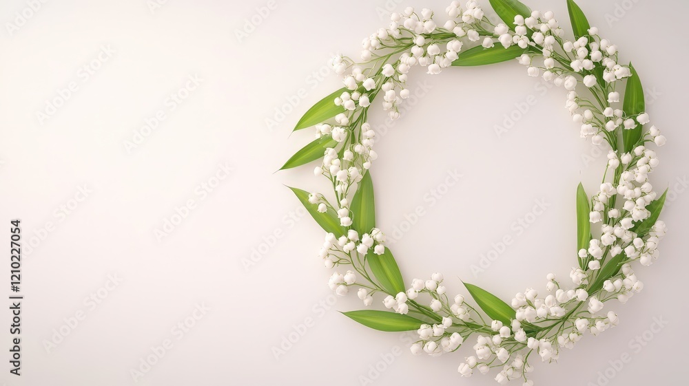 Lily of the valley flowers and leaves wreath arranged in round frame on pink background creating copy space. Mothers day love romantic Lily of the valley flowers and leaves wreath arranged in round frame on pink background creating copy space. Mothers day love romantic