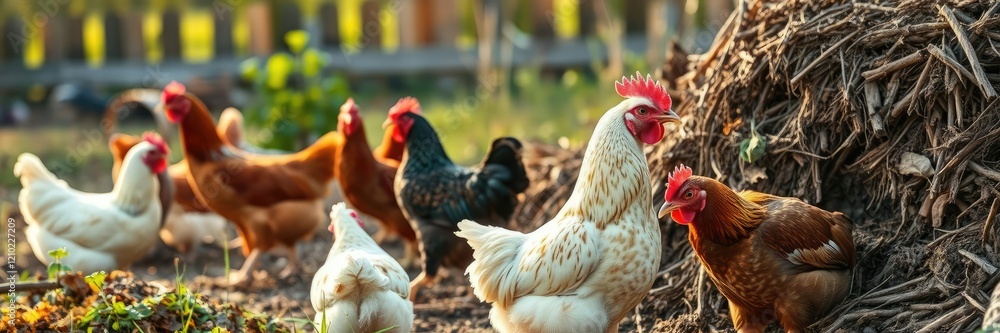 Fototapeta premium Chickens forage through the compost pile on a warm summer morning, feathers, foraging