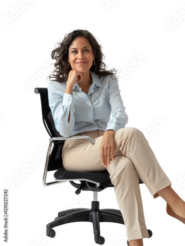 Confident Businesswoman Sitting on Office Chair, Smiling on transparent background