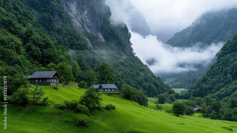 Fototapeta premium Small wooden cabins sit on a lush green hill in a misty mountain valley.