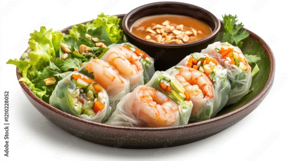 A colorful plate of Vietnamese summer rolls with shrimp, rice noodles, lettuce A colorful plate of Vietnamese summer rolls with shrimp, rice noodles, lettuce