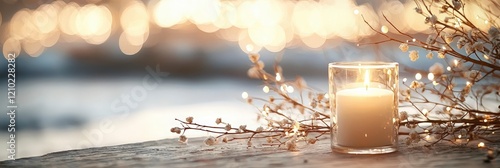 Lit Candle with Fairy Lights and Dried Flowers on Wooden Surface.