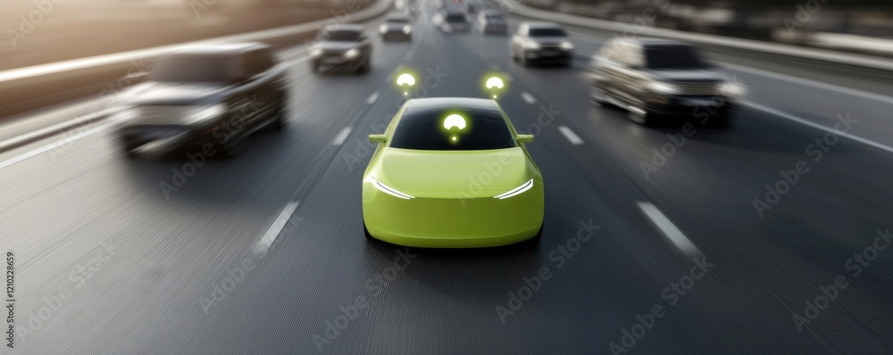 Fototapeta premium A sleek, green autonomous vehicle navigates a busy highway, highlighting advancements in technology and sustainable transportation.