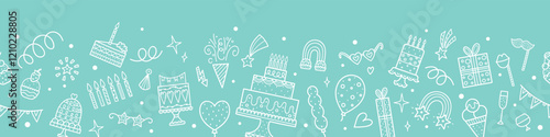 Party seamless background with cakes, gift boxes, balloons and party decoration. Great for birthday parties, textiles, banners, wallpapers, wrapping. Hand drawn elements. Vector line illustration