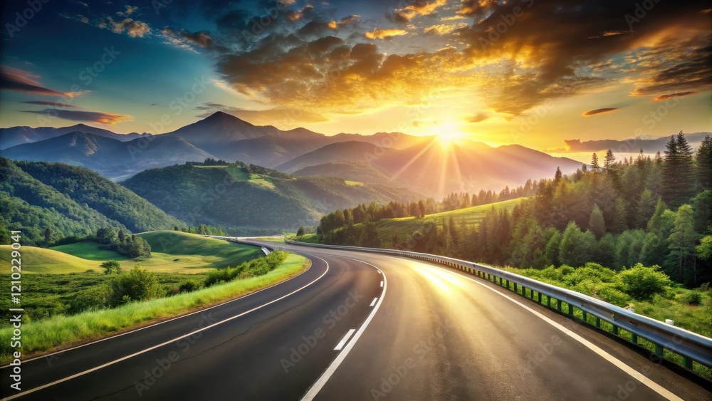 Naklejka premium Asphalt road curving through a scenic mountain landscape at sunset