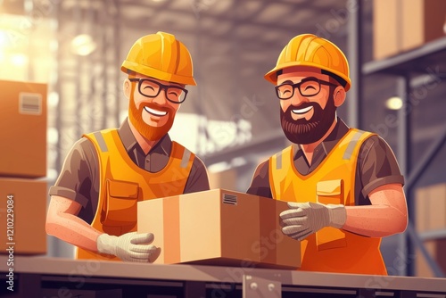 Happy cartoon workers organizing packages in a warehouse illustration bright environment optimistic viewpoint efficiency concept