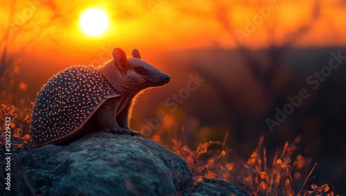 At sunset, a silhouette of an armadillo on a mountaintop.
 photo