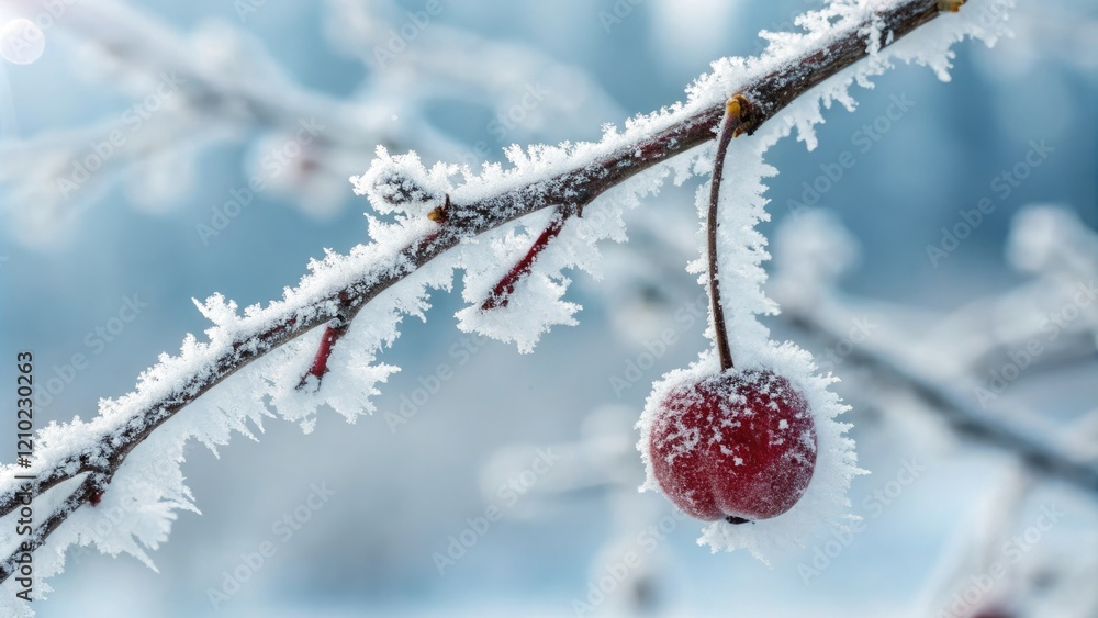 Close-up of a single frozen cranberry hanging from a snowy branch, snow covered stems, winter fruit, berries in snow, snow on branches, frosty berries Close-up of a single frozen cranberry hanging from a snowy branch, snow covered stems, winter fruit, berries in snow, snow on branches, frosty berries