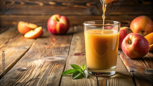 Close-up of a single dripping peach juice on a wooden table surface, liquid effect, sweet, still life