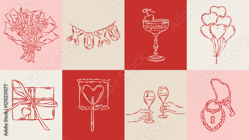 Love and wedding sketch style illustration set. 