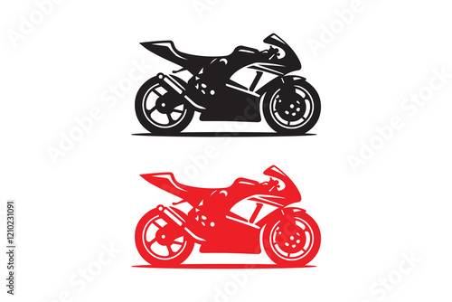 Motorcycle bike silhouettes with white background and color versions vector illustration, Motorcycle Icon Vector Logo Template. Flat style. Side view, 