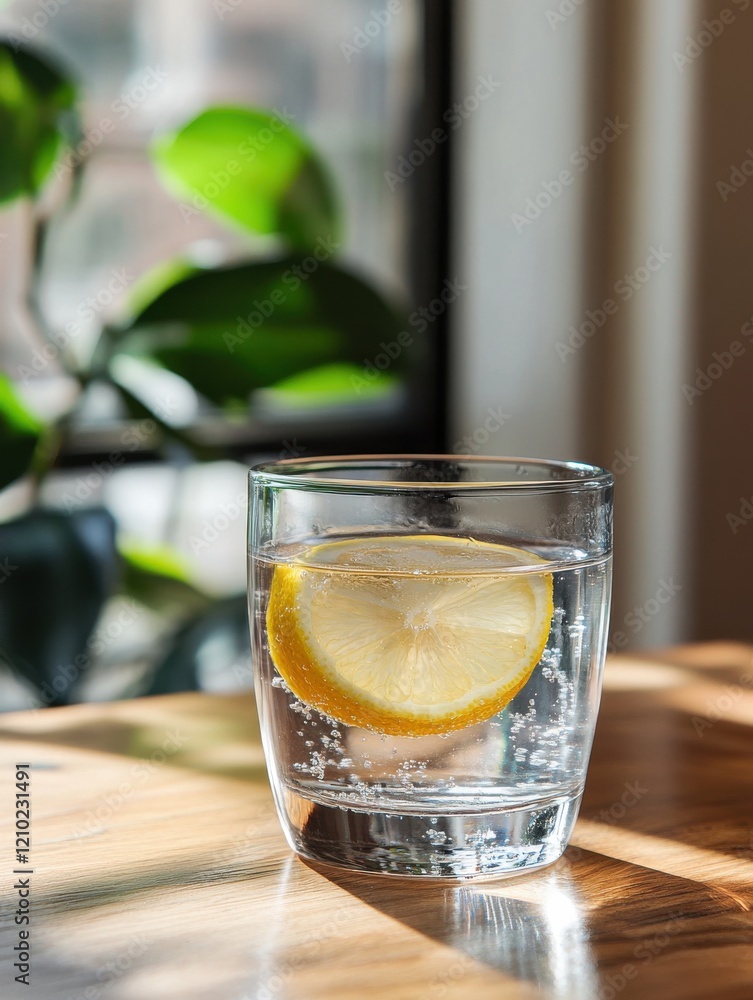 Refreshing glass of water with lemon against a sunlit backdrop of green leaves on a wooden table Refreshing glass of water with lemon against a sunlit backdrop of green leaves on a wooden table