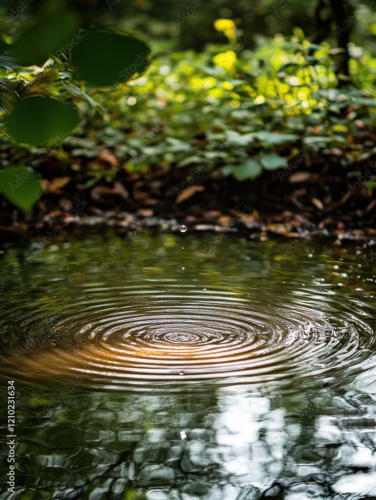 Close-up of a water droplet falling into a serene forest pond, creating ripples in the calm water surface Close-up of a water droplet falling into a serene forest pond, creating ripples in the calm water surface