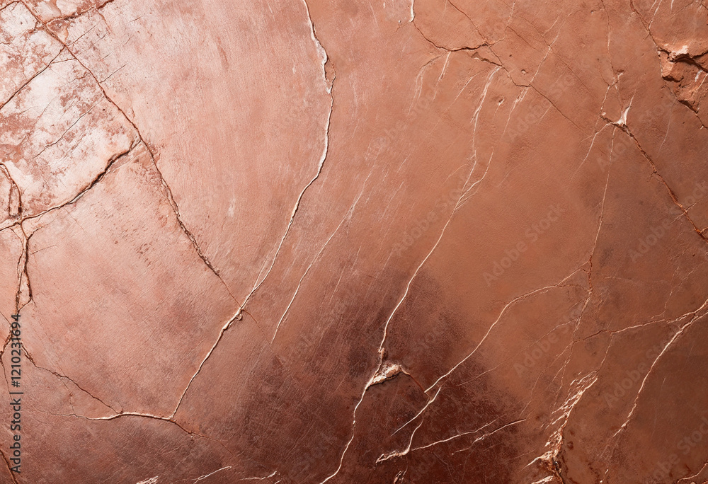 Fototapeta premium A close-up view of a textured copper surface with natural cracks and a warm metallic sheen, exuding rustic elegance and industrial charm.