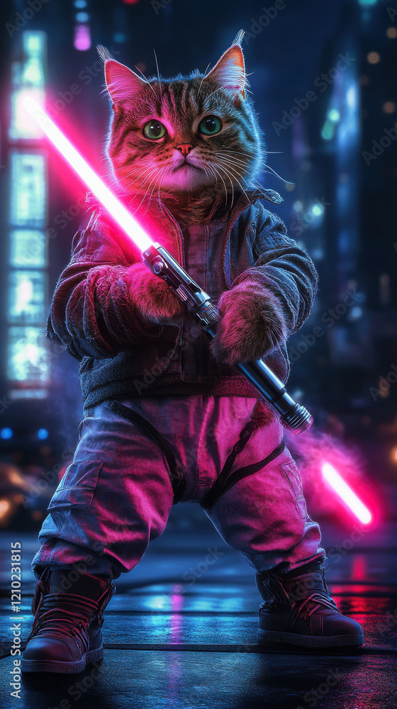 Cat wielding a lightsaber, ready for battle, humorous and action-packed concept Cat wielding a lightsaber, ready for battle, humorous and action-packed concept