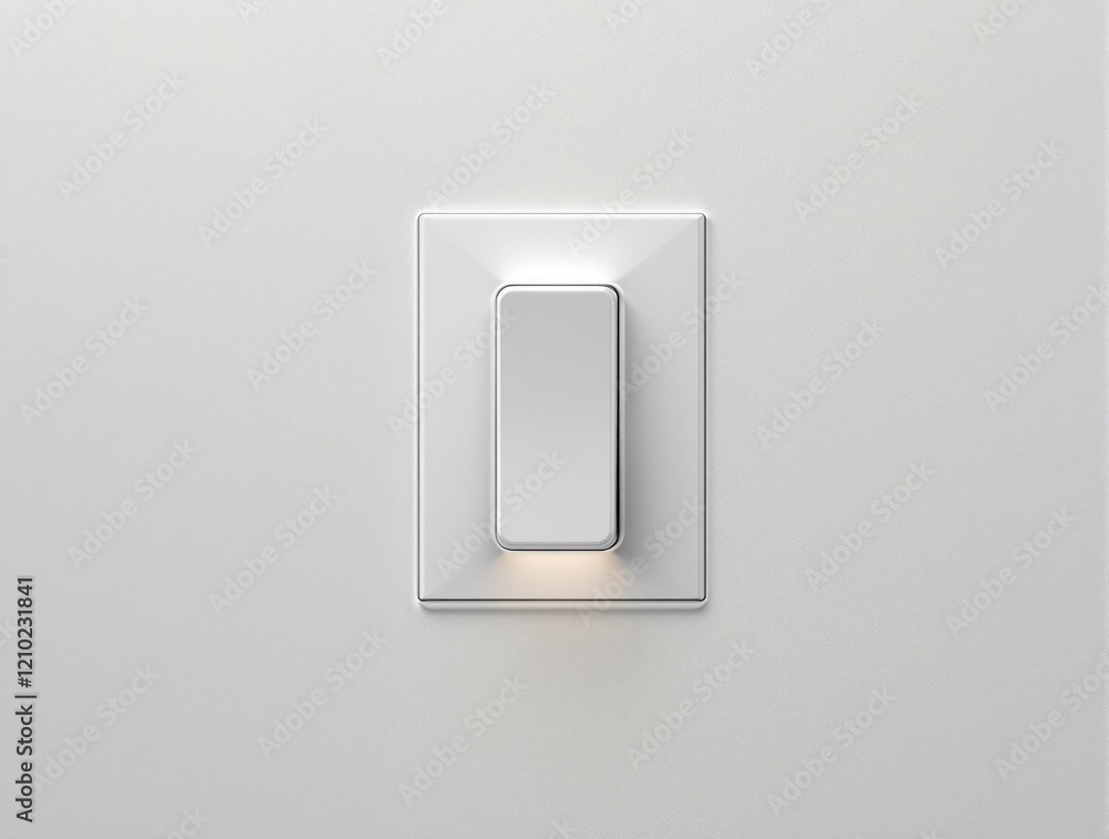Close up of illuminated light switch on white wall, fixture, concept, detail Close up of illuminated light switch on white wall, fixture, concept, detail