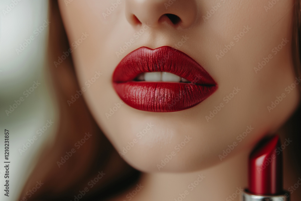Fototapeta premium A woman with red lipstick is shown with a red lipstick in her mouth