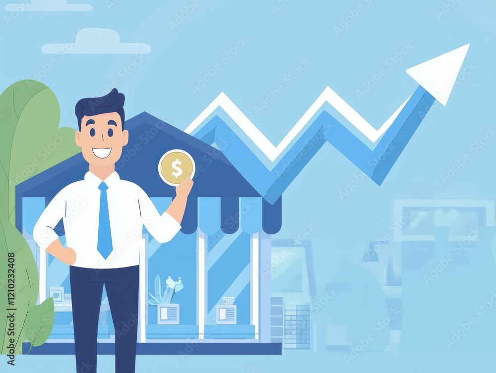 A cheerful businessman holds a coin in front of a growing chart and a shop, symbolizing financial success and growth. A cheerful businessman holds a coin in front of a growing chart and a shop, symbolizing financial success and growth.