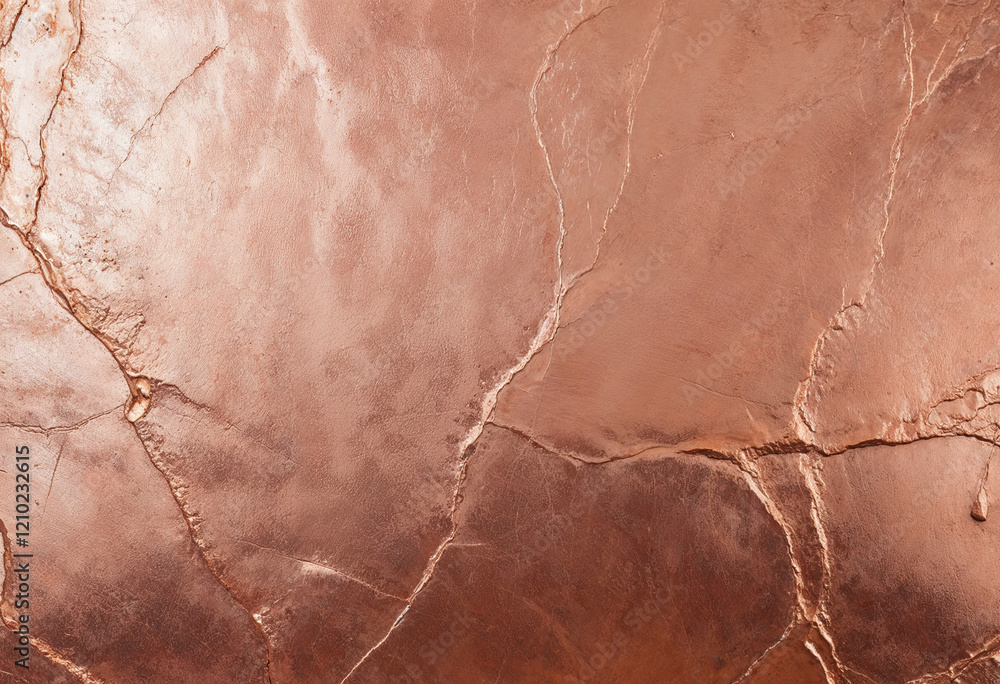 Fototapeta premium A close-up view of a textured copper surface with natural cracks and a warm metallic sheen, exuding rustic elegance and industrial charm.