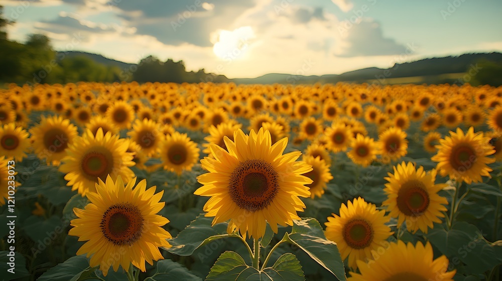 Fototapeta premium Bright yellow sunflowers in a field stretching to the horizon, with blue skies and fluffy clouds above, realistic 8K resolution,