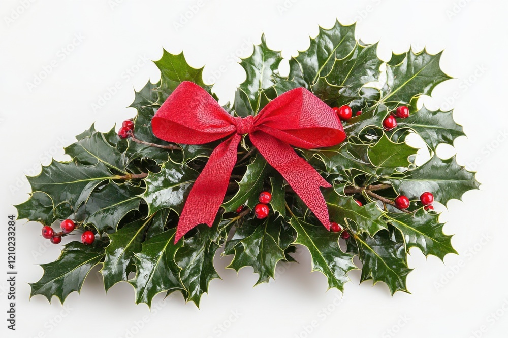 A bunch of branches of Christmas holly On a white backdrop, tied with a red bow. Generative Ai