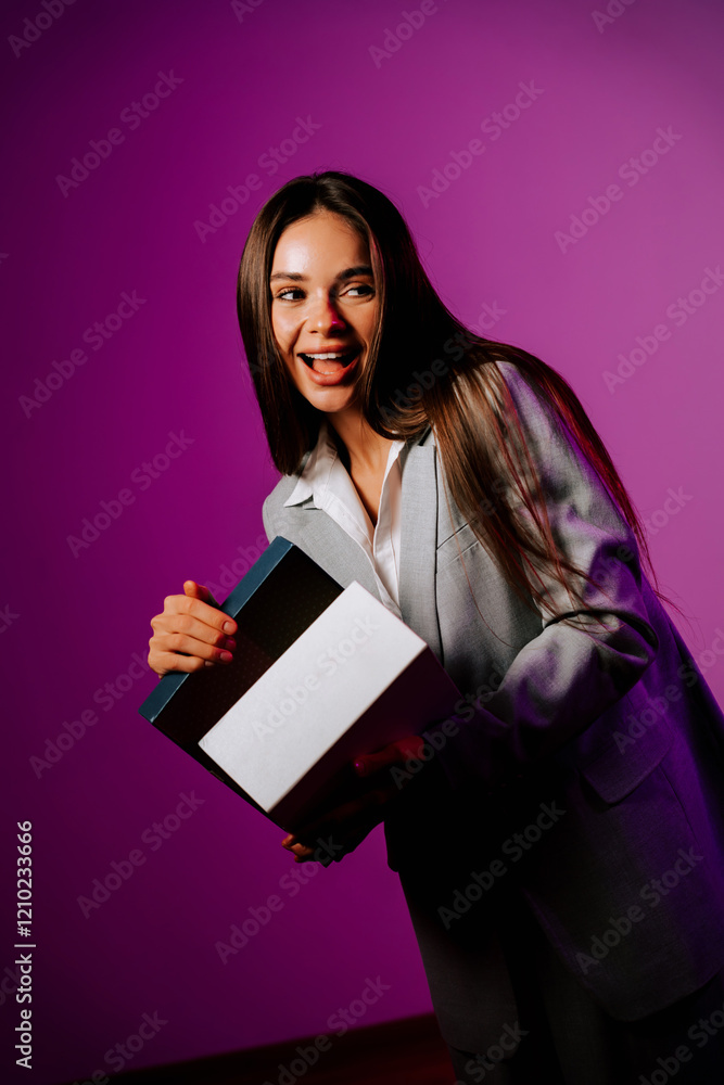 Fototapeta premium Woman in a grey suit holding a book with a playful expression against a purple background during a studio photoshoot