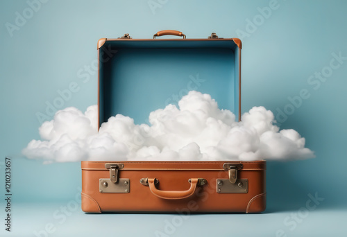 Vintage leather suitcase opened with clouds inside. Isolated blue background. Contemporary surreal art collage, modern design.