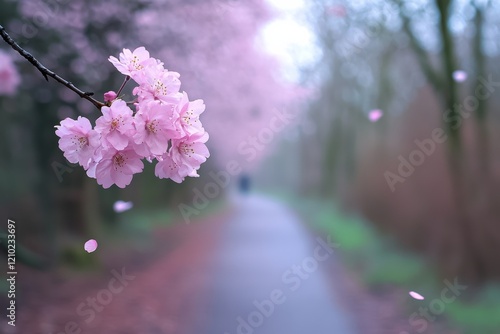  Close-up of blooming pink cherry blossoms on a branch with a blurred scenic path in the background, soft focus photo