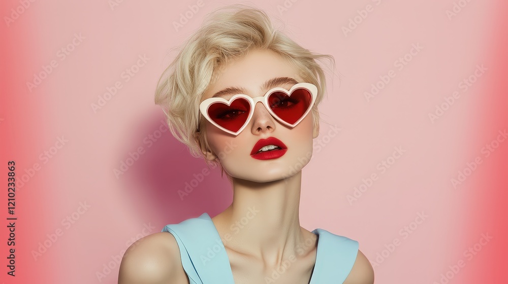 Stylish Model with Heart Sunglasses and Bold Red Lips Against a Pink Background Stylish Model with Heart Sunglasses and Bold Red Lips Against a Pink Background