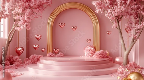 Enchanting Pink Valentine s Day Podium with Graceful Curves and Golden Accents   A Luxurious Decorative Backdrop with Love Themed Creative Elements for Romantic and Events photo