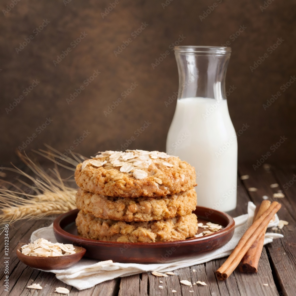Stack of oatmeal cookies with milk and cinnamon sticks on rustic wooden table