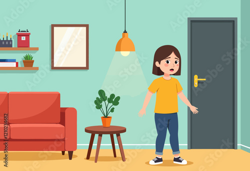 Bad Interior Design Cartoon: User in Financial Struggle. Simple and minimalist illustration of a character facing challenges in a poorly designed apartment, emphasizing economic hardship.

