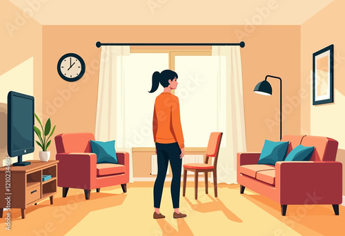 Struggling in Poor Design: Minimalist Cartoon User. Simple illustration showing a character’s hardship in a poorly designed apartment due to financial constraints.


