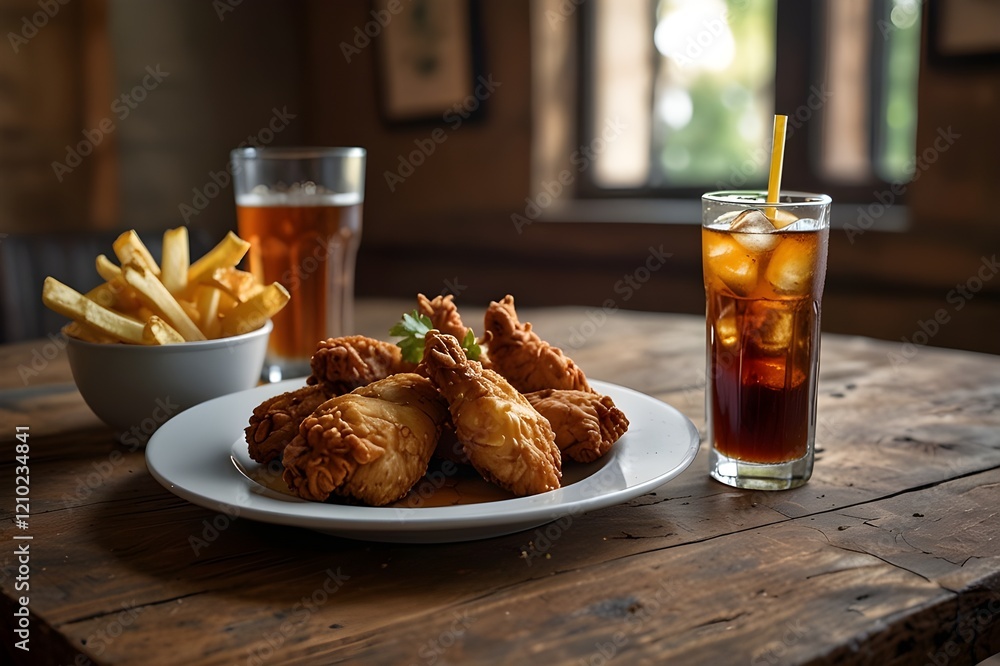A close-up view of a plate of crispy fried chicken served with sauce and fries, paired with a refreshing drink in a restaurant setting.
A close-up view of a plate of crispy fried chicken served with sauce and fries, paired with a refreshing drink in a restaurant setting.