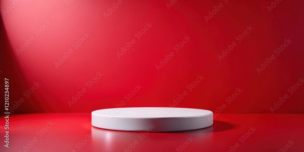 A clean white cylindrical platform on a vibrant red background, ideal for product displays or presentations. A clean white cylindrical platform on a vibrant red background, ideal for product displays or presentations.