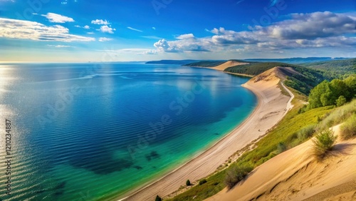 Fototapeta Naklejka Na Ścianę i Meble -  Panoramic view of Sleeping Bear Dunes Overlook on a sunny day with towering sand dunes and crystal-clear lake water reflecting the blue sky #SleepingBearDunes , national park, dune landscape