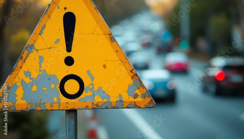 Cautionary Yellow Road Sign with Exclamation Mark in a Busy Road Setting