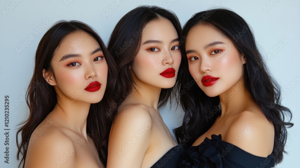 Graceful women with glossy skin and bold red look Graceful women with glossy skin and bold red look