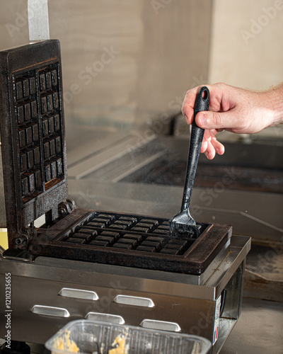 Chef oiling the waffle iron before cooking photo