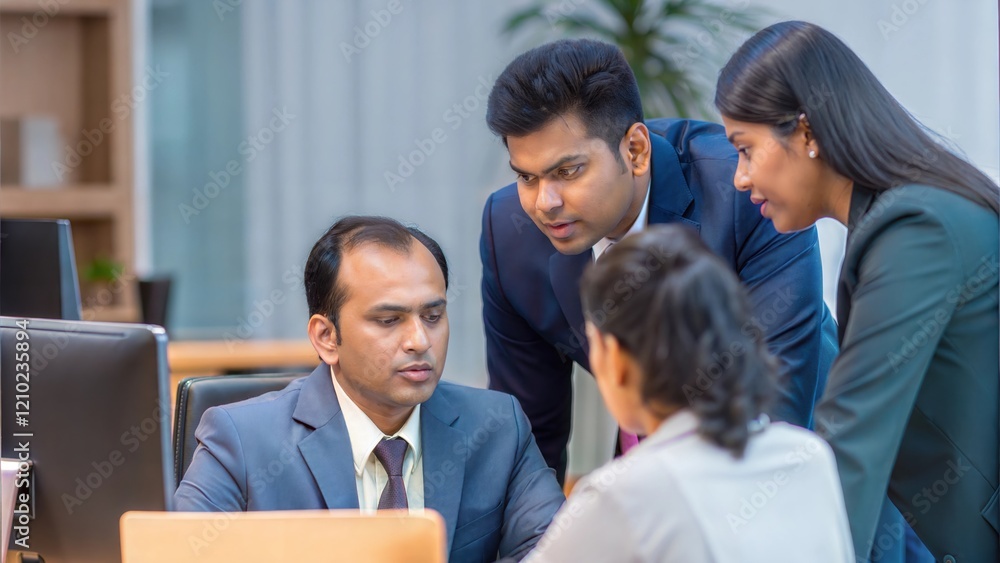 Indian leader mentoring team members in a professional office environment.
Indian leader mentoring team members in a professional office environment.