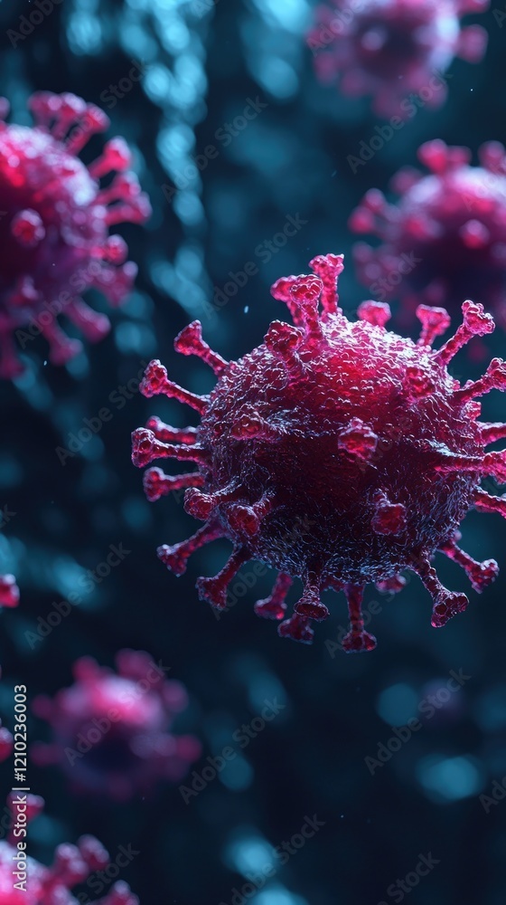 Microscopic View of a Virus Particle: Detailed 3D Rendering of Viral Structure in Dark Background Microscopic View of a Virus Particle: Detailed 3D Rendering of Viral Structure in Dark Background
