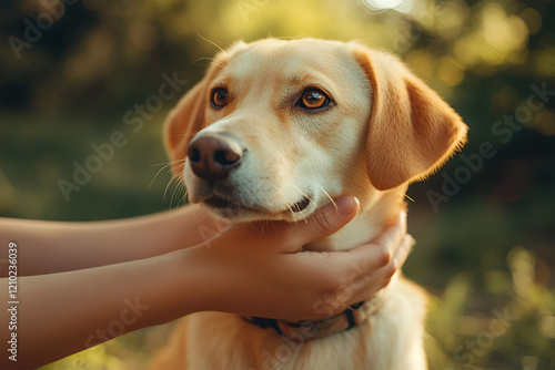 red dog Labrador on green background- photo