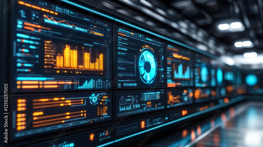 Futuristic Data Center Monitoring Wall with Orange and Blue Digital Displays Showing Graphs and Futuristic Data Center Monitoring Wall with Orange and Blue Digital Displays Showing Graphs and