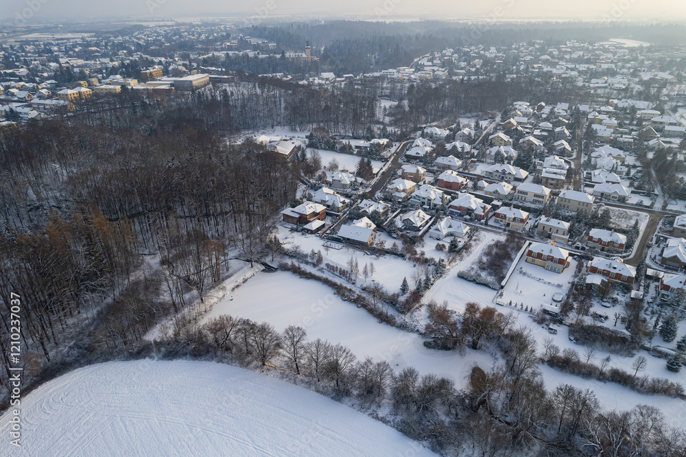Fototapeta premium Aerial view of Pruhonice village in Winter 2022, Czech republic