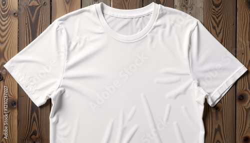 Plain white  Round Neck t-shirt mockup on wooden background 
