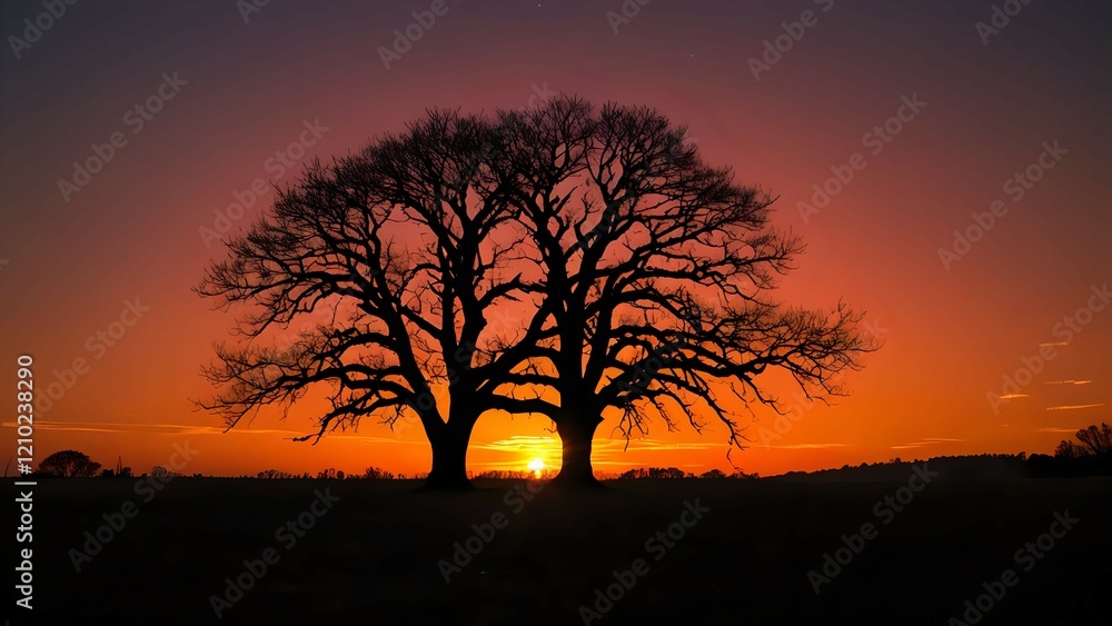 Fototapeta premium Majestic silhouette of two intertwined trees at sunset, vibrant orange and purple hues, peaceful landscape.