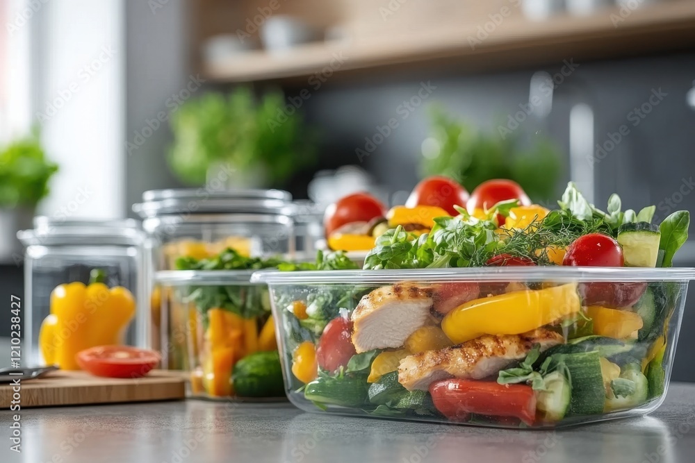 Glass containers filled with grilled chicken, tomatoes, peppers, zucchini, and greens, ready for a healthy week of meals Glass containers filled with grilled chicken, tomatoes, peppers, zucchini, and greens, ready for a healthy week of meals