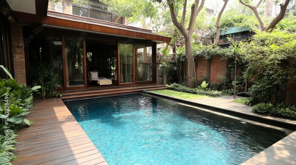 custom made wallpaper toronto digitalTranquil Modern Villa Poolside Luxury Backyard Oasis with Wooden Deck Lush Greenery