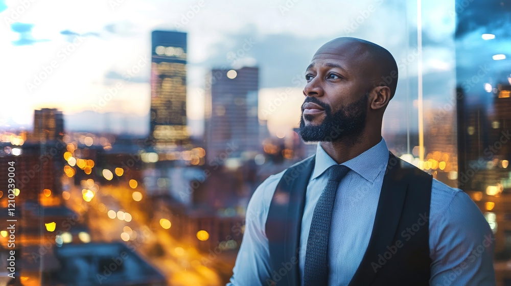 Fototapeta premium Business professional gazing thoughtfully at city skyline at dusk from high-rise office